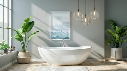 Fototapeta premium A bathroom with a large white bathtub and a framed picture of mountains