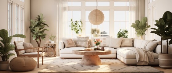 Fototapeta premium A living room with a white couch, a coffee table, and a potted plant