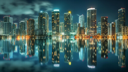**Produce a panoramic image of a city illuminated at night, showcasing the intricate details of skyscrapers, city lights, and reflections on the water