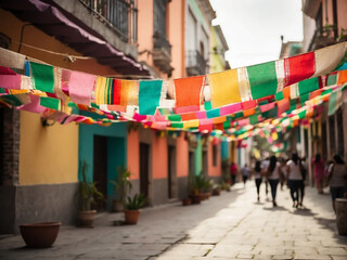 Mexican bunting paper flags in the street at cinco de mayo festival. Colorful Mexican bunting paper flag in the street at Cinco de Mayo festival. 