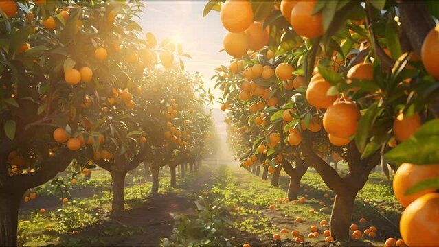 Vibrant orange orchard basking in the sunlight, with ripe oranges hanging from lush green trees, ready for harvest on an expansive farm landscape. Ai Footage.