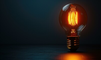Glowing light bulb on dark blue background. AI.