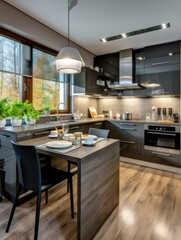 A stylish modern kitchen with a large island and dark wood cabinets. AI.