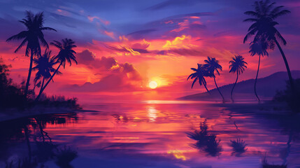 Fototapeta na wymiar an artistic representation of a vibrant sunset over the sea, highlighting the rich colors of the sky, the reflection on the water, and the silhouettes of palm trees 