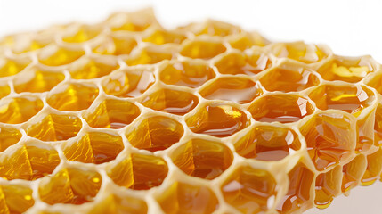 close up of honeycomb slices over white background