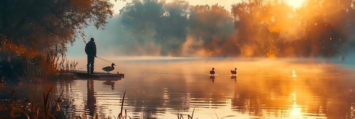 Local fisherman and duck in lake in the morning realistic nature and landscape
