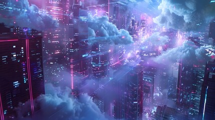 Expansive Futuristic Technological Cityscape with Swirling Data Clouds and Holographic Structures