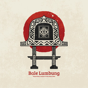 Bale Lumbung design for posters, t shirts, banners, flyers, fabric factories. Hand Drawn vintage grunge aesthetic trend vector design. Lombok island traditional house icon design in geometric style.