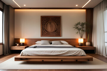 Modern peaceful Bedroom. zen style bedroom. Peaceful and serene bedroom. Wood bed with oriental object.led bed