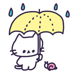 雨の中傘をさしているかわいい白い色の子猫のイラスト