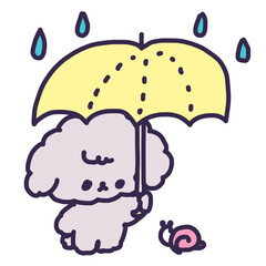 雨の中傘をさしているかわいいトイプードルの子犬のイラスト