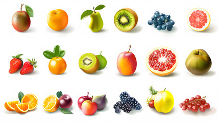 Illustrate a collection of mixed fruits against a plain white backdrop. Consider the shapes and sizes of each fruit to create an interesting visual contrast.