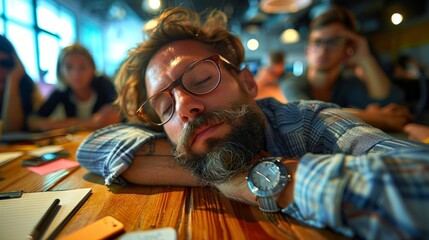 Obraz premium Bored businesspeople boring and sleeping during a meeting in office.