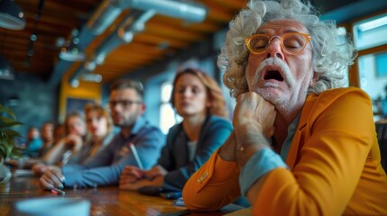 Obraz premium Bored businesspeople boring and sleeping during a meeting in office.