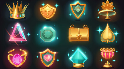 Set of Slot game icon element isolation on dark background, Illustration