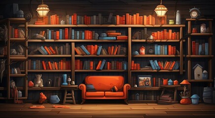 Library shelves flat design side view reading adventure cartoon drawing Monochromatic Color Scheme
