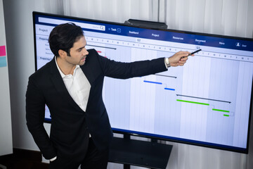 Project manager planning schedules for business task at meeting room, Gantt chart software show on...