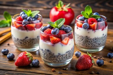 Kefir yogurt and chia parfaits. Kefir is one of the top health foods available providing powerful probiotics. Extreme shallow depth of field.