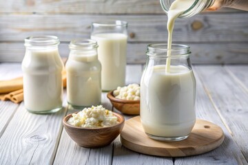 Pouring homemade kefir, buttermilk or yogurt with probiotics. Yogurt flowing from glass bottle on white wooden background. Probiotic cold fermented dairy