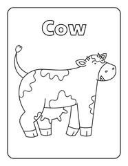Animal Cartoon Coloring Page for kids Black and white Farm Animals Zoo activities Cow
