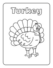 Animal Cartoon Thanksgiving Coloring Page for kids Black and white Farm Animals Zoo activities Turkey