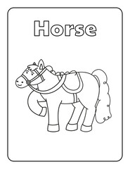 Obraz premium Animal Cartoon Coloring Page for kids Black and white Farm Animals Zoo activities Horse