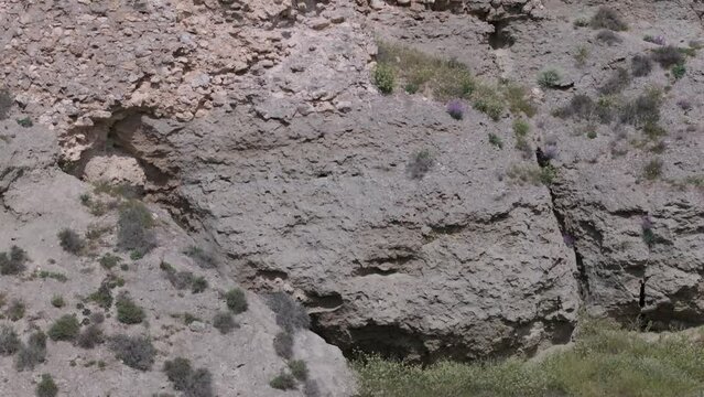 ascending flight with drone with a close-up of the keep and part of its wall starting with its foundation and discovering crop fields in the background Oreja castle 9th century Ontigola Toledo Spain