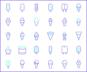 Set of Ice cream and popsicle Icons line style. Contains such Icons as dessert, cone, waffle, vanilla, yammy, soft, stick, scoop And Other Elements.
