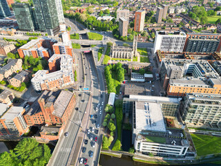 High Angle View of Greater Manchester City Centre Buildings During Beautiful Sunny day over England UK. May 5th, 2024
