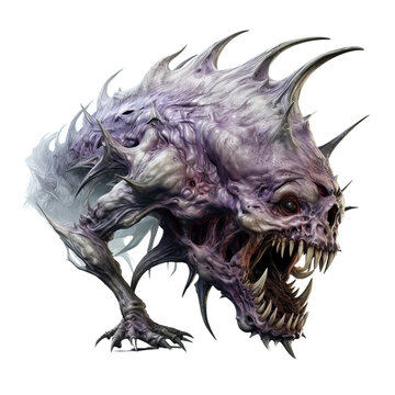 A horrifying purple monster with sharp teeth and claws