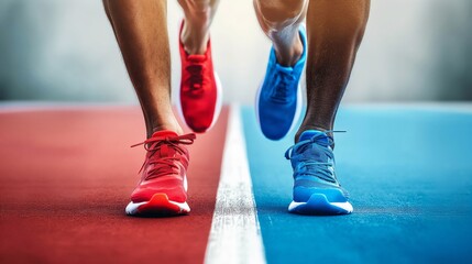 Close-up of athletes’ feet in red and blue running shoes on a vibrant athletic track