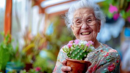 Joyful elderly Caucasian woman holding a potted cactus, surrounded by a vibrant collection of houseplants