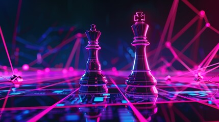 Artificial intelligence. The digitally styled illustration features two chess pieces on a board with a cyberpunk-inspired background. Abstract design glowing neon lines