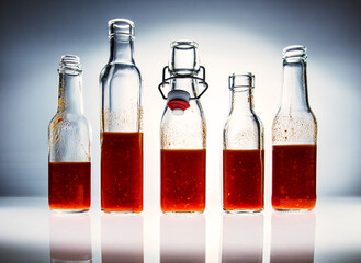 Bottles of red spicy homemade hot sauce