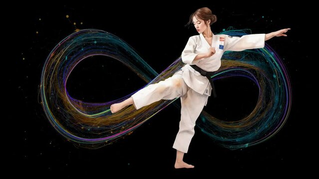 Young girl in kimono doing karate exercises on black background concept of  judo, taekwondo, karate, training, kick, action, sport, practice, active, exercise, woman, white, health