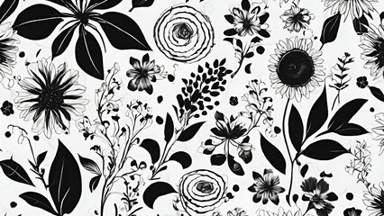 Vibrant Botanical An Intricate Seamless Floral and Flowers Illustration Pattern Background. Black and White.