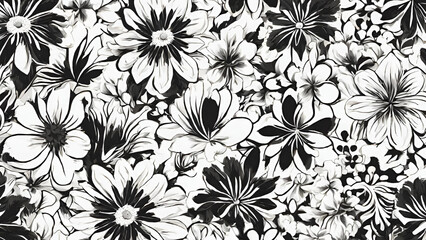 Vibrant Botanical An Intricate Seamless Floral and Flowers Illustration Pattern Background. Black and White.