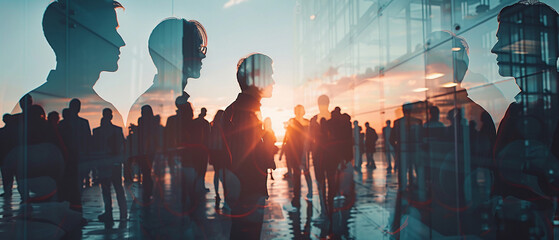 Double exposure image of many business people teamg group silhouette office background.