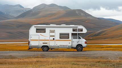 Camper vehicle on mountains landscape, Travel adventure in motor home