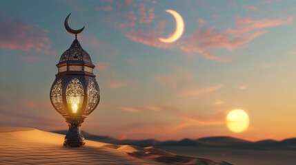 3D Rendering: Arabian lantern on desert dune under a realistic crescent moon - Celebrating Islamic...