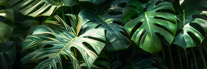 Monstera Borsigiana Mint Variegated, beautiful monstera plants with different sizes of leaves. the background is a well illuminated wall, dark green