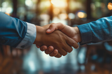 Two people shaking hands in a business setting