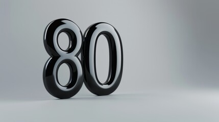 A realistic glossy black number 80 in 3D style imitation on a plain gray background
