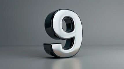 A realistic silver number 9 in 3D style imitation on a gray background