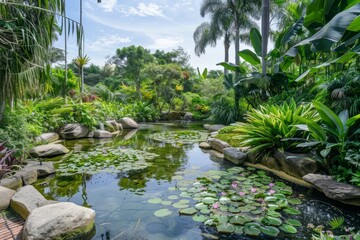 Obraz premium A serene botanical garden within the theme park, featuring lush greenery, tranquil ponds, and exotic plant species, Generative AI