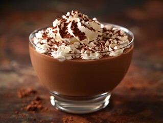 A delicious chocolate pudding in a glass dish with whipped cream and powdered cocoa. 