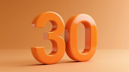 A realistic glossy number 30 in bright orange color stands out against a plain beige background