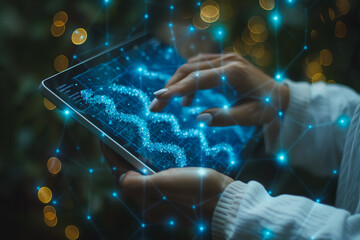 A person is holding a tablet with a blue screen that has a wave pattern on it