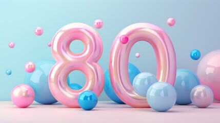 Realistic glossy number 80 in 3D style imitation is surrounded by pink and blue balloons, birthday mood