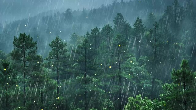 pine forest during rainstorm lush trees. seamless looping overlay 4k virtual video animation background